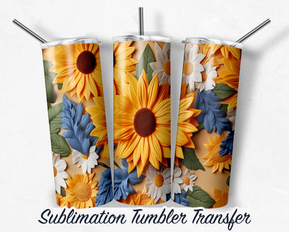 3D Sunflower  Sublimation Transfer Print For 20 oz - 30 oz Skinny Tumbler - Ready To press - Heat Transfers