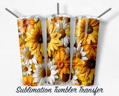 3D Sunflower  Sublimation Transfer Print For 20 oz - 30 oz Skinny Tumbler - Ready To press - Heat Transfers