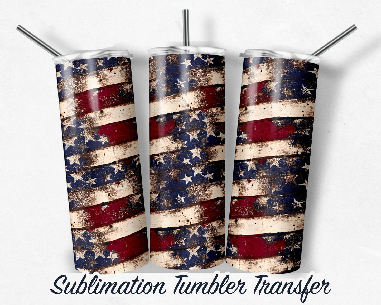 Vintage Patriotic Distressed Wood  Sublimation Transfer Print 20 oz - 30 oz Skinny Tumbler - Ready to Press - Heat Transfers