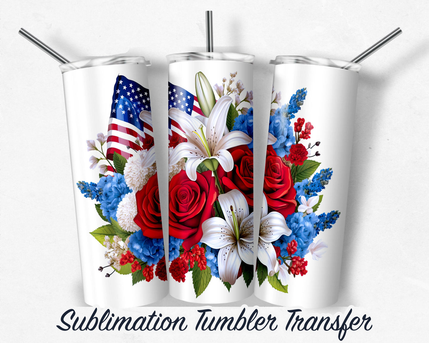 3D Floral Red White and Blue  Sublimation Transfer Print 20 oz - 30 oz Skinny Tumbler - Ready to Press - Heat Transfers