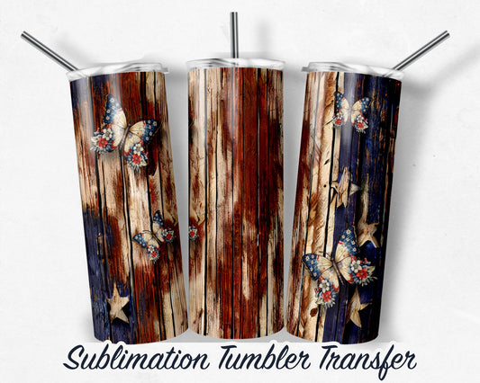 Patriotic Butterflies  Sublimation Transfer Print 20 oz - 30 oz Skinny Tumbler - Ready to Press - Heat Transfers