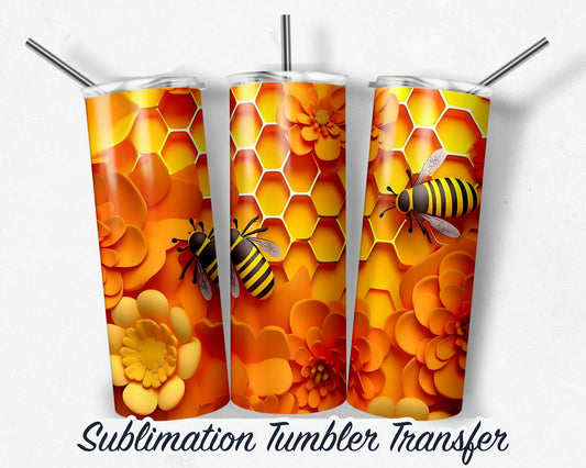 3D Bee's on honeycomb  Sublimation Transfer Print For 20 oz Tumbler - 30 oz Skinny Tumbler - Ready To press - Heat Transfers