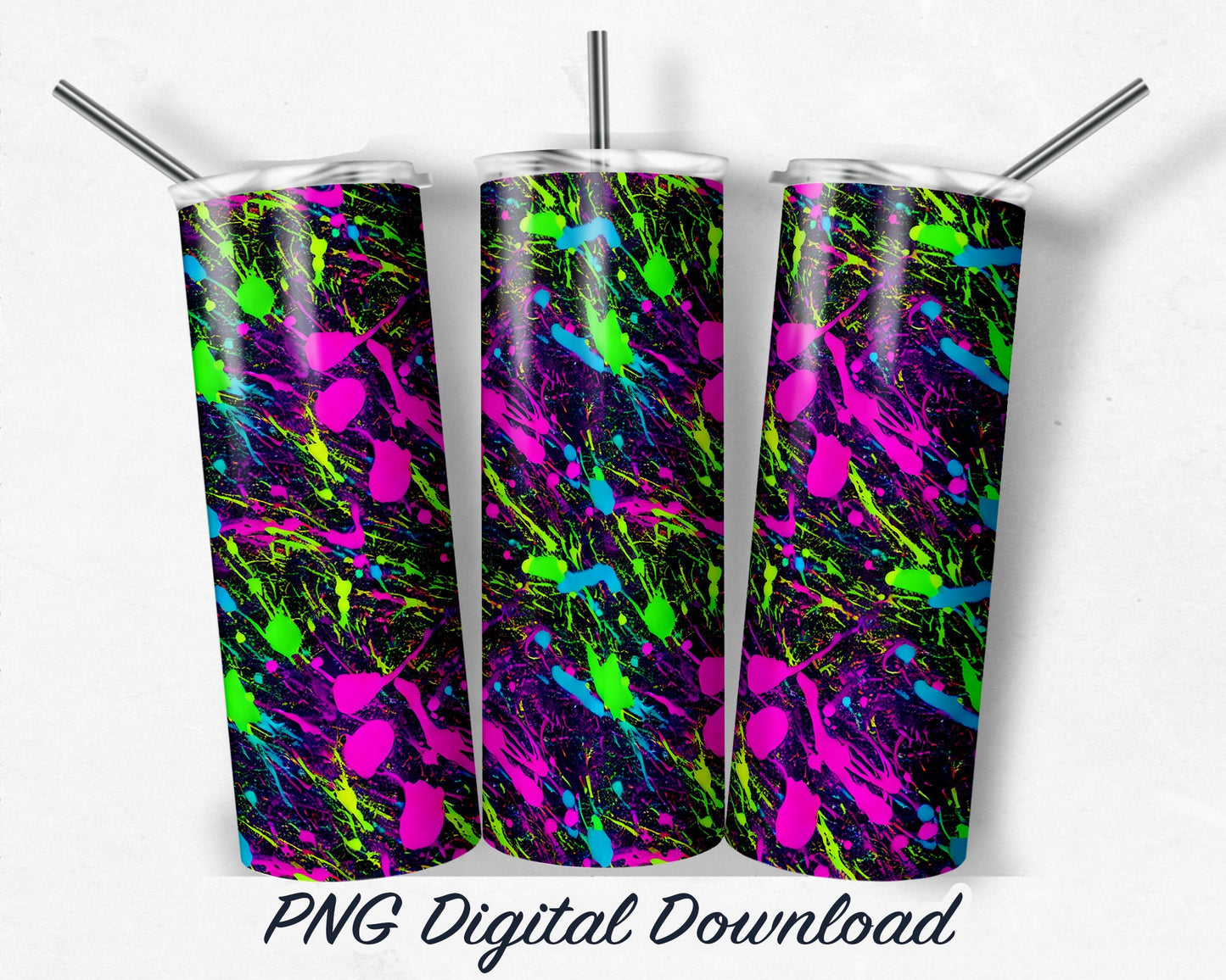 Neon Paint Splatters 20oz Sublimation Tumbler Design - PNG Digital Download