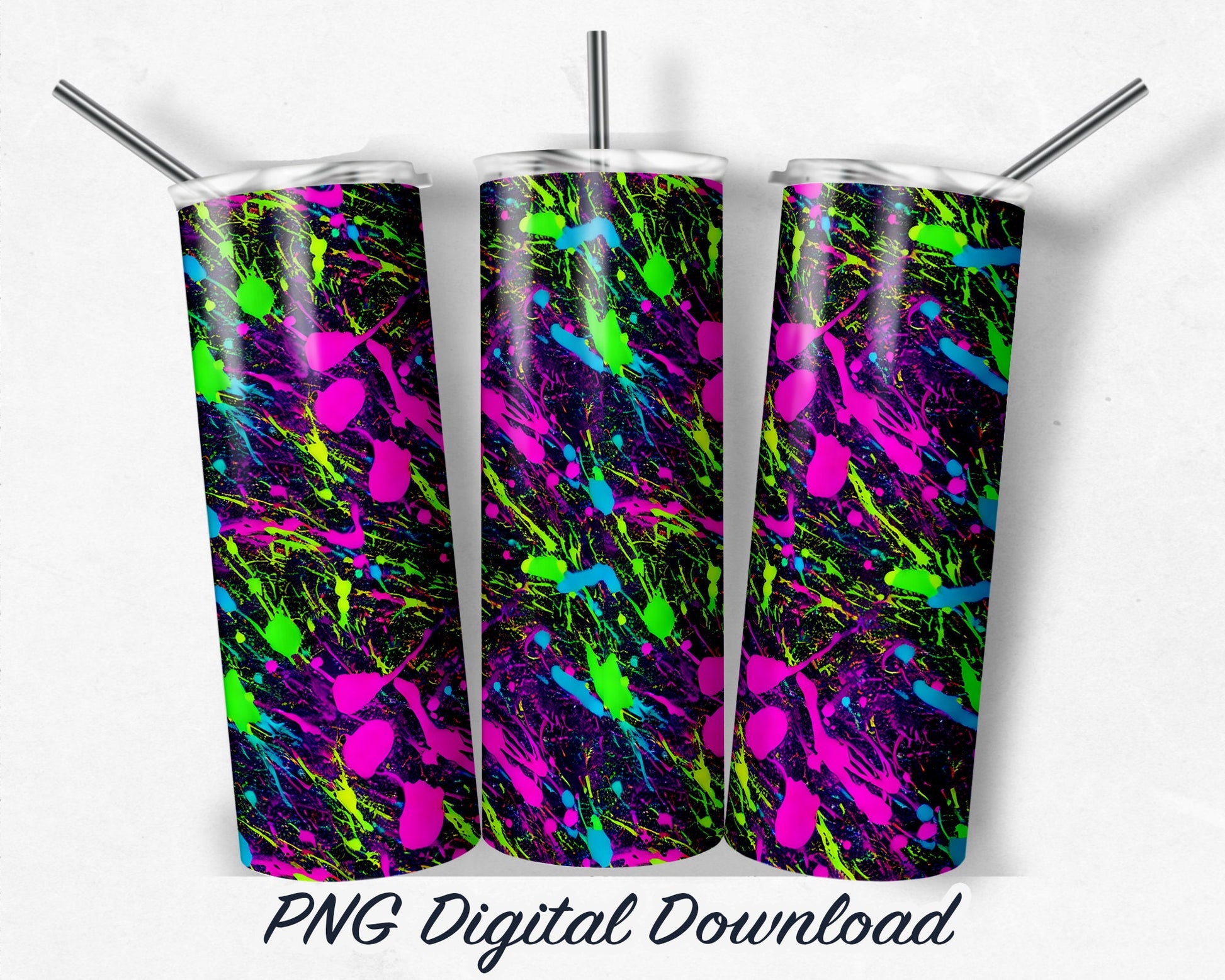 Neon Paint Splatters 20oz Sublimation Tumbler Design - PNG Digital Download