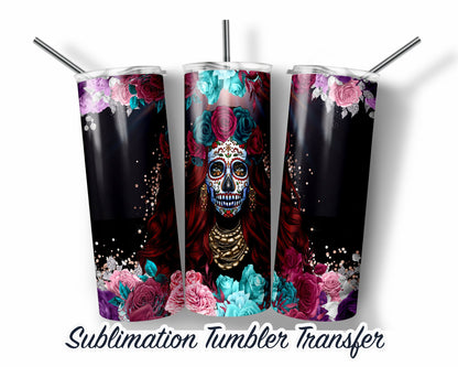 Sugar Skull Catrina  Sublimation Transfer Print For 20 oz Tumbler 30 oz Skinny Tumbler - Ready To press - Heat Transfers