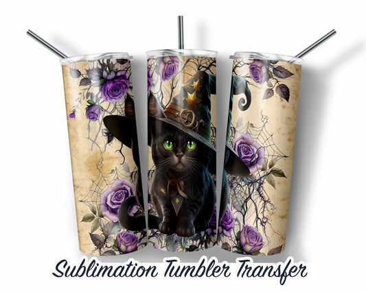 Black Cat Halloween  Sublimation Transfer Print For 20 oz Tumblers - 30 oz Tumblers - Ready To press - Heat Transfers