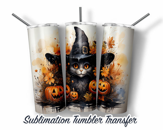 Black Cat Halloween  Sublimation Transfer Print For 20 oz Tumblers - 30 oz Tumblers - Ready To press - Heat Transfers