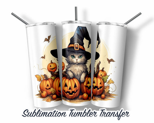 Gray Cat Halloween  Sublimation Transfer Print For 20 oz Tumblers - 30 oz Tumblers - Ready To press - Heat Transfers