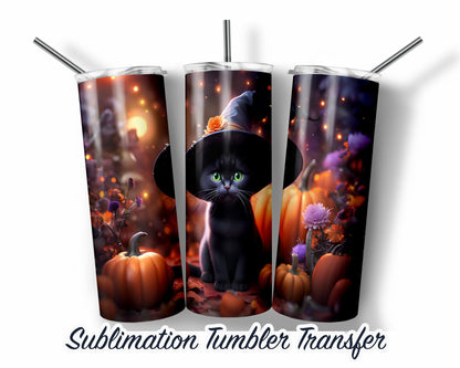 Black Cat Halloween  Sublimation Transfer Print For 20 oz Tumblers - 30 oz Tumblers - Ready To press - Heat Transfers