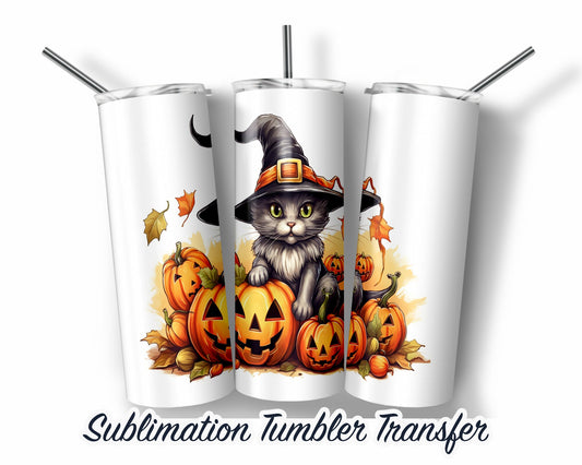 Black Cat Halloween  Sublimation Transfer Print For 20 oz Tumblers - 30 oz Tumblers - Ready To press - Heat Transfers