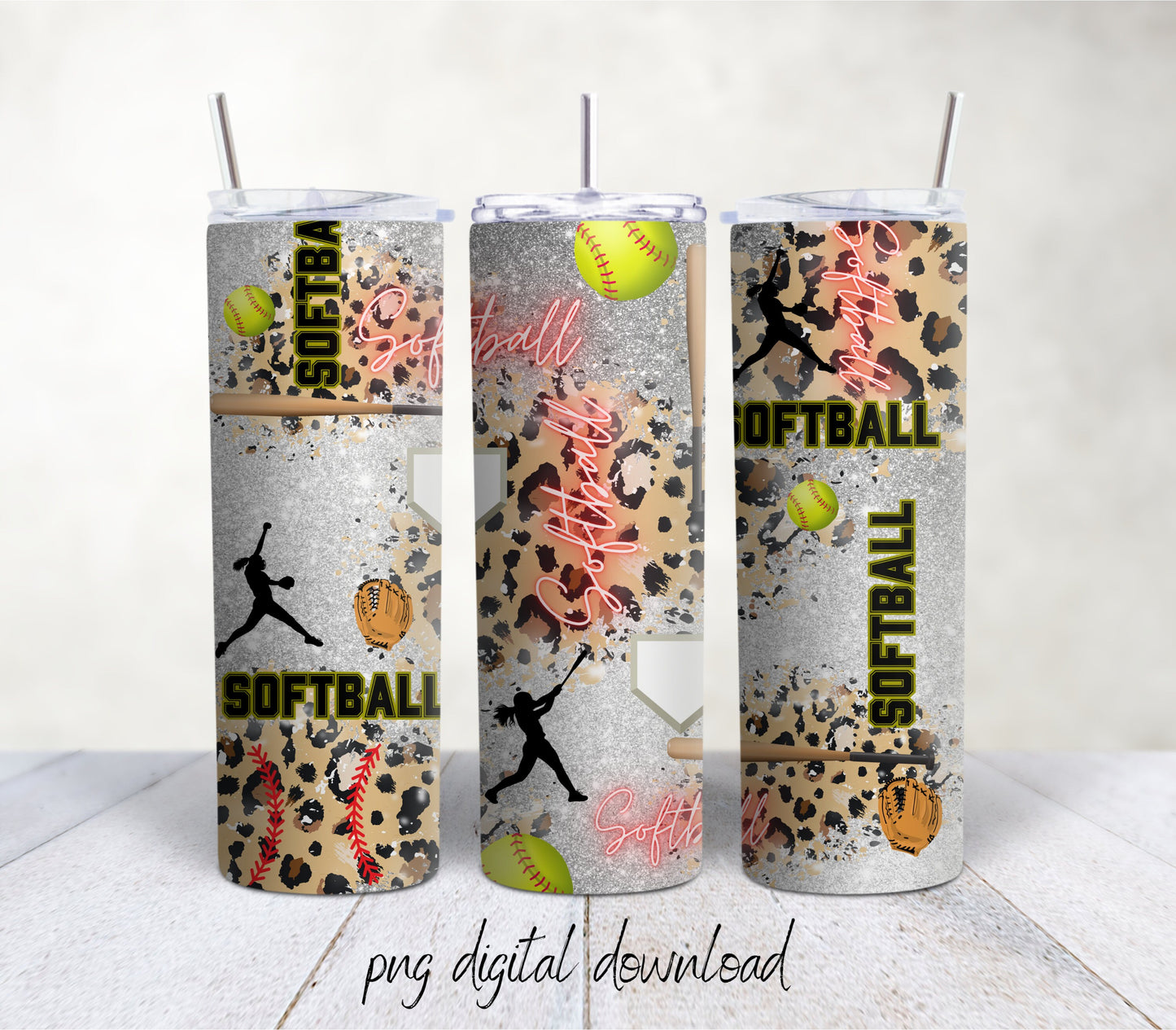 Softball Leopard 20oz Sublimation Tumbler Design - PNG Digital Download