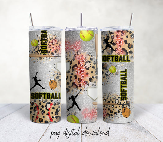 Softball Leopard 20oz Sublimation Tumbler Design - PNG Digital Download