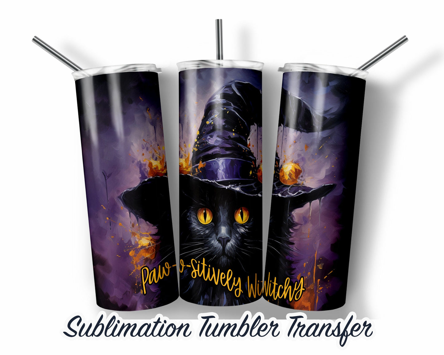 Black Cat Halloween -  Sublimation Transfer Print For 20 oz Tumbler - 30 oz Skinny Tumbler - Ready To press - Heat Transfers