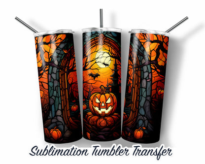 Stained Glass Jack-O-Lantern Halloween Sublimation Transfer Print For 20 oz Tumbler - 30 oz Skinny Tumbler - Ready To press - Heat Transfers