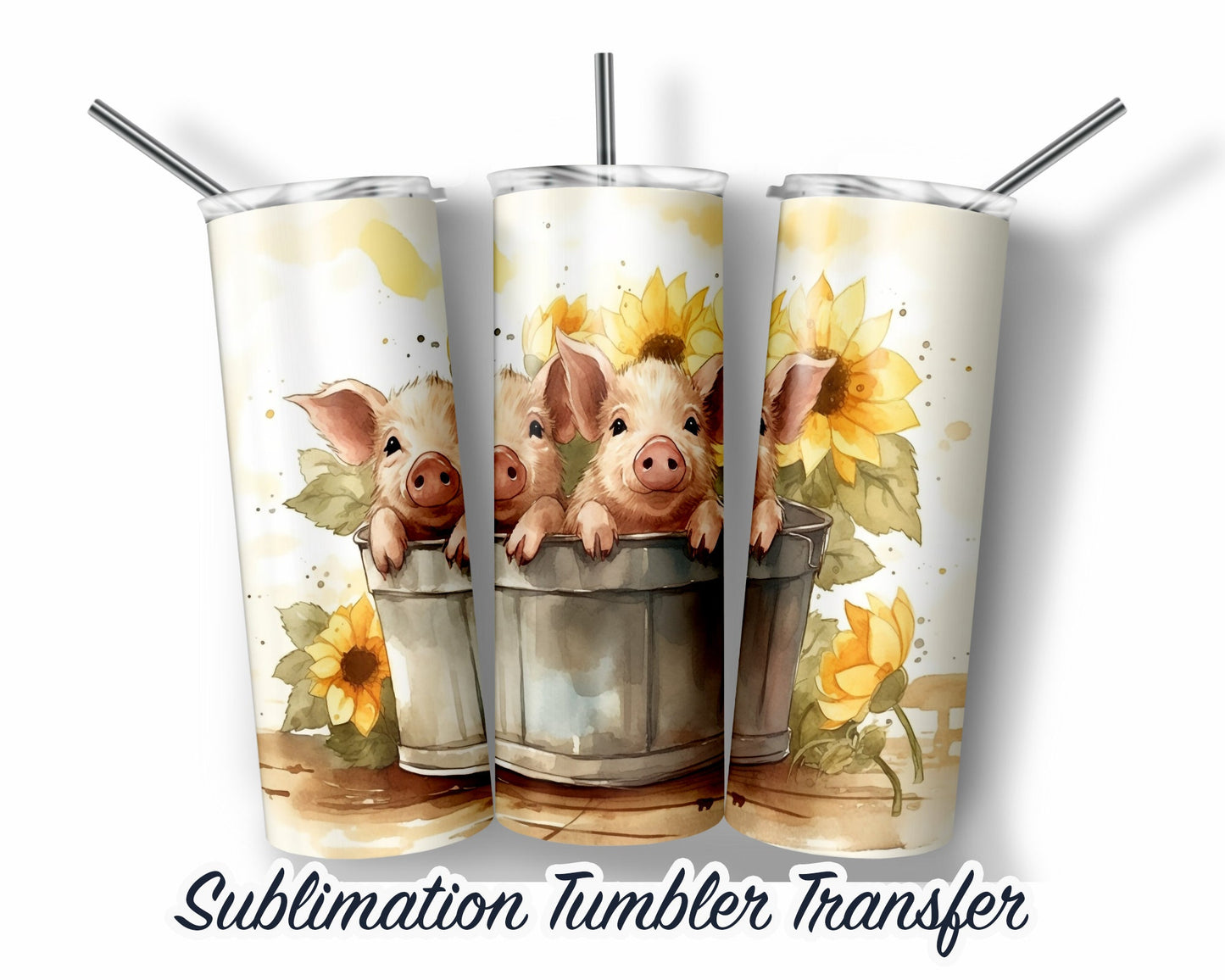 Pig in a bucket with Sunflowers Sublimation Transfer Print For 20 oz Tumbler - 30 oz Skinny Tumbler - Ready To press - Heat Transfers