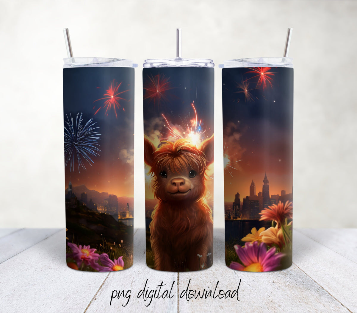 New Years Highland Cow - 20 oz Sublimation Tumbler Design PNG Digital Download
