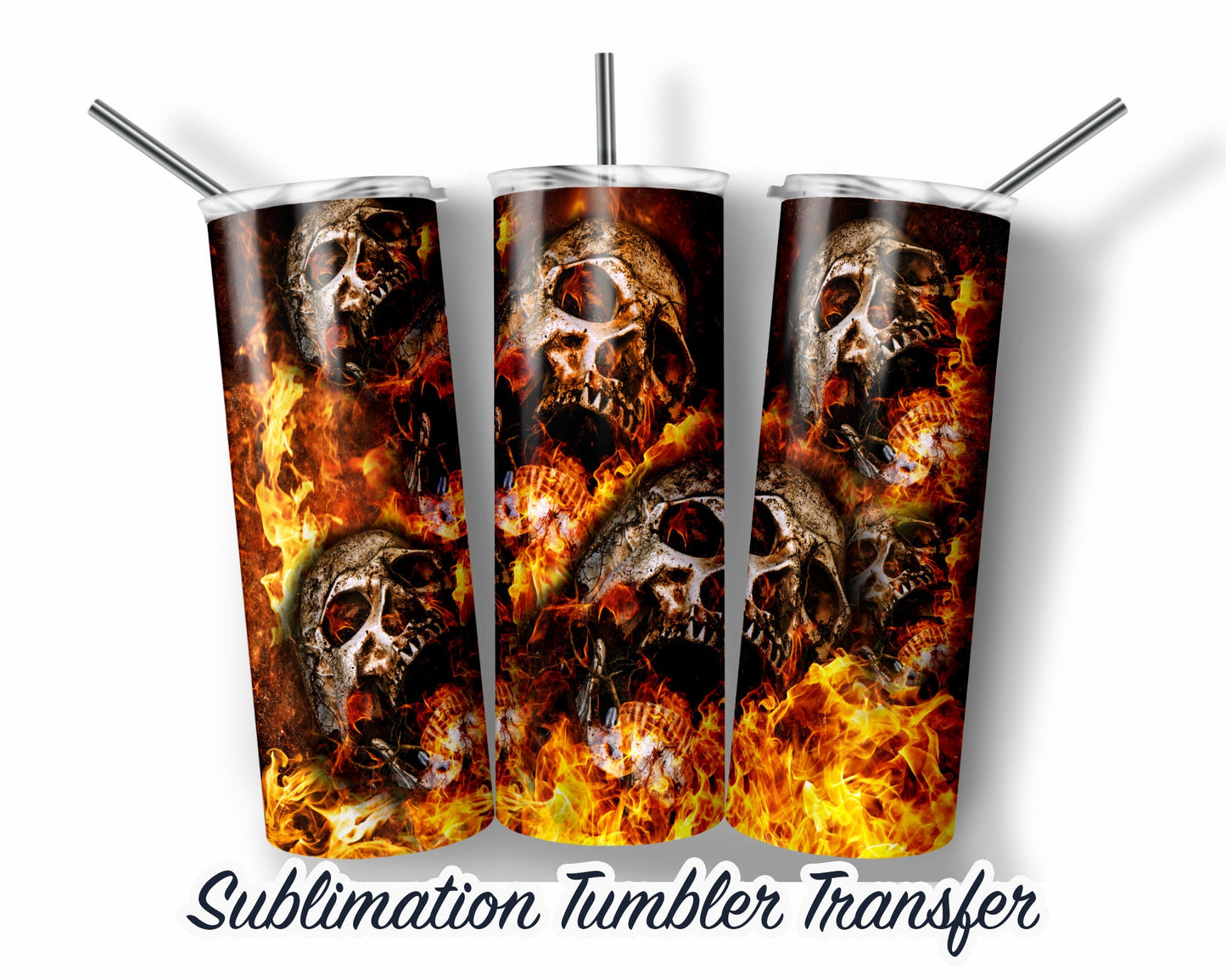 Skulls Fire Halloween Sublimation Transfer Print For 20 oz Tumbler - 30 oz Skinny Tumbler - Ready To press - Heat Transfers - Fast Shipping