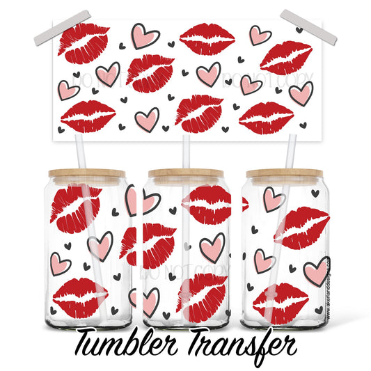 Valentines 16 oz Glass Can 16 oz Sublimation Transfer Ready to Press Heat Transfer - Lips - Kisses