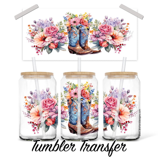 Country Flowers and Boots 16 oz Glass Can 16 oz Sublimation Transfer Ready to Press Heat Transfer