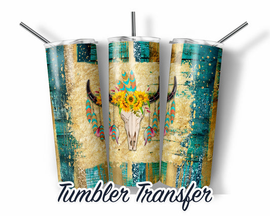 Colorful Bull Skull  Sublimation Transfer Print For 20oz Tumbler - 30 oz Tumbler - Ready To Press