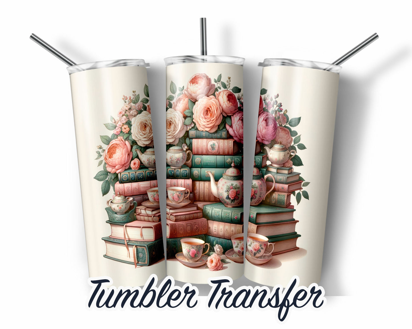 Books and Flowers  Sublimation Print 20 oz Skinny Tumbler - 30oz Skinny Tumbler - Ready To press - Heat Transfers