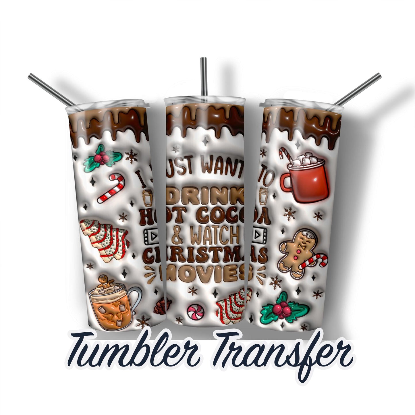 3D Puff Christmas Ready to Press Sublimation Transfer Print 20 oz - 30 oz Tumblers  Ships Next Day