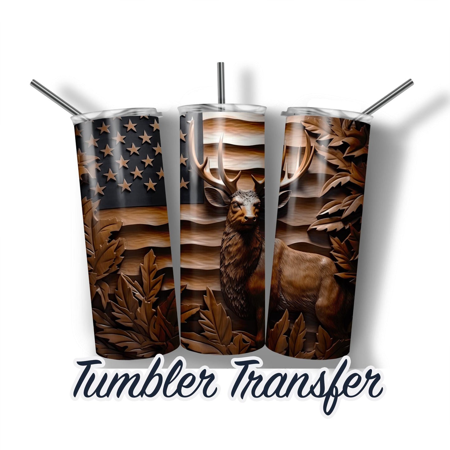 3D Wood Carved Deer Ready to Press Sublimation Transfer Print 20 oz - 30 oz Tumbler  Ships Next Day