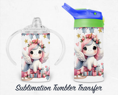 Unicorn Christmas Kids 12 oz Sippy Sublimation Tumbler Transfer - Ready To press - Heat Transfers SHIPS NEXT DAY