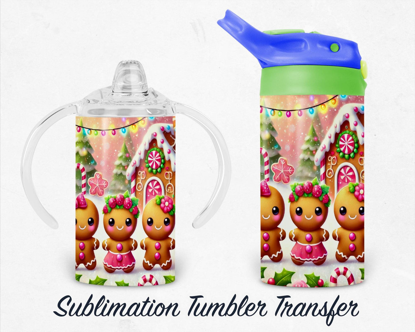 Gingerbread Kids Christmas - Kids 12 oz Sippy Sublimation Tumbler Transfer - Ready To press Heat Transfers SHIPS NEXT DAY