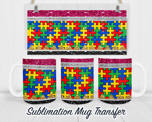 Autism Puzzle Sublimation Mug Transfer Print For 11 oz - 15 oz Mugs - Ready To press Heat Transfer SHIPS NEXT DAY