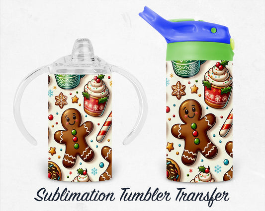 Gingerbread Man Christmas - Kids 12 oz Sippy Sublimation Tumbler Transfer - Ready To press Heat Transfers SHIPS NEXT DAY