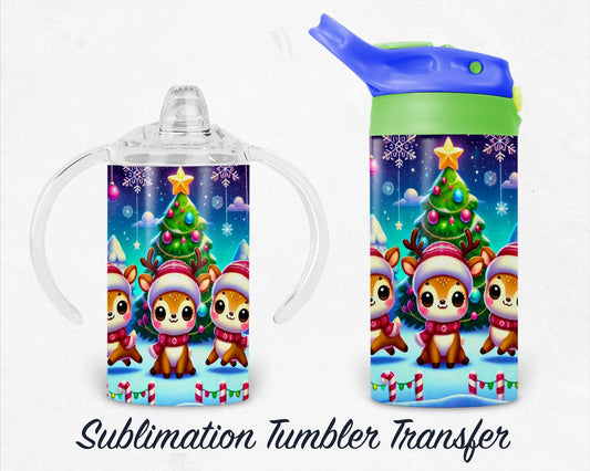 Christmas Reindeer - Kids 12 oz Sippy Sublimation Tumbler Transfer - Ready To press Heat Transfers SHIPS NEXT DAY