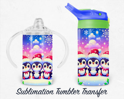 Christmas Penguins - Kids 12 oz Sippy Sublimation Tumbler Transfer - Ready To press Heat Transfers SHIPS NEXT DAY