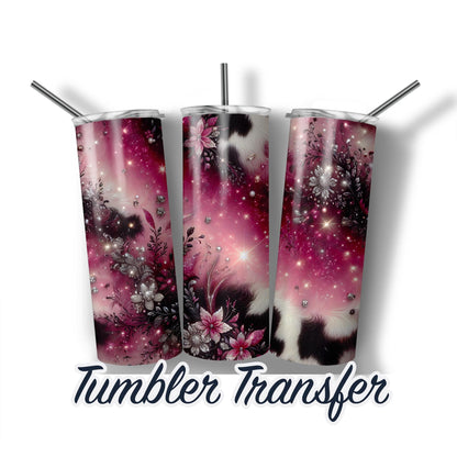 Pink Floral Cow Print Sublimation Transfer Print For 20 oz Tumblers - 30 oz Tumblers - Ready To press - Heat Transfers SHIPS NEXT DAY