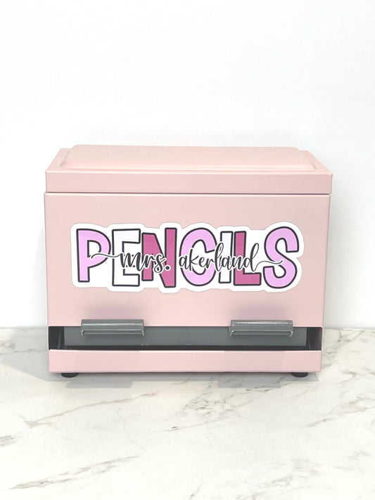 Custom Pencil Dispenser Vinyl Decal or Magnetic Decal Personalized with a name, Pink Pastels Classroom Theme, Teacher Stickers Gifts