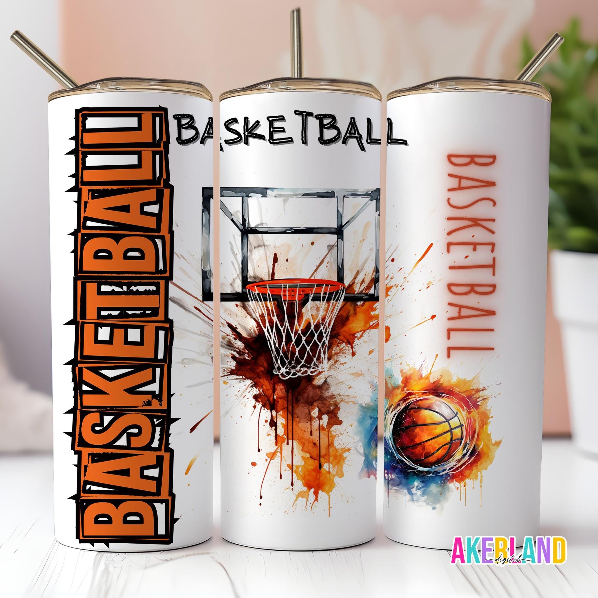Basketball Watercolor - 20 oz Sublimation Tumbler Design PNG Digital Download