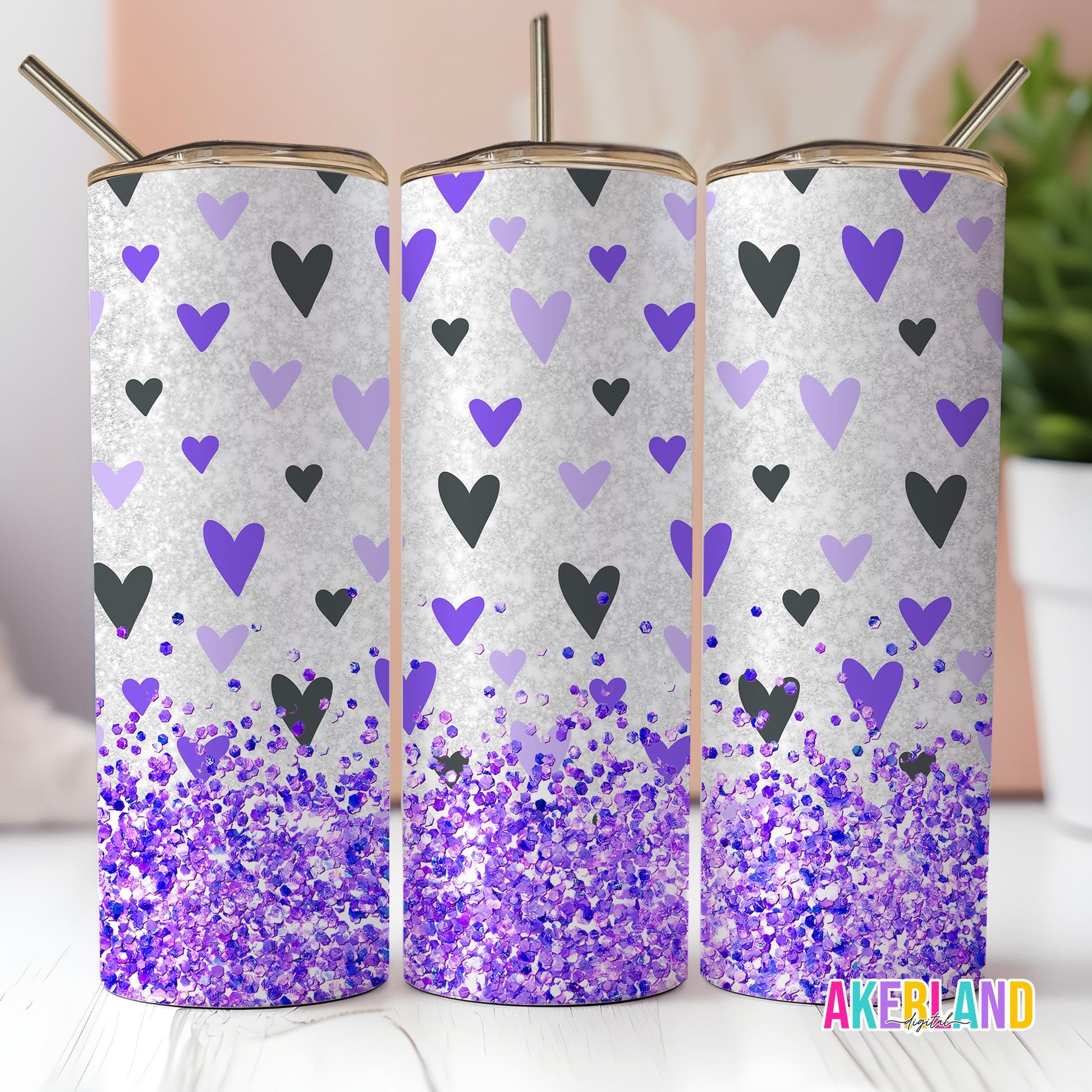 Valentines Heart Purple Sparkle 20oz Sublimation Tumbler Design - PNG Digital Download