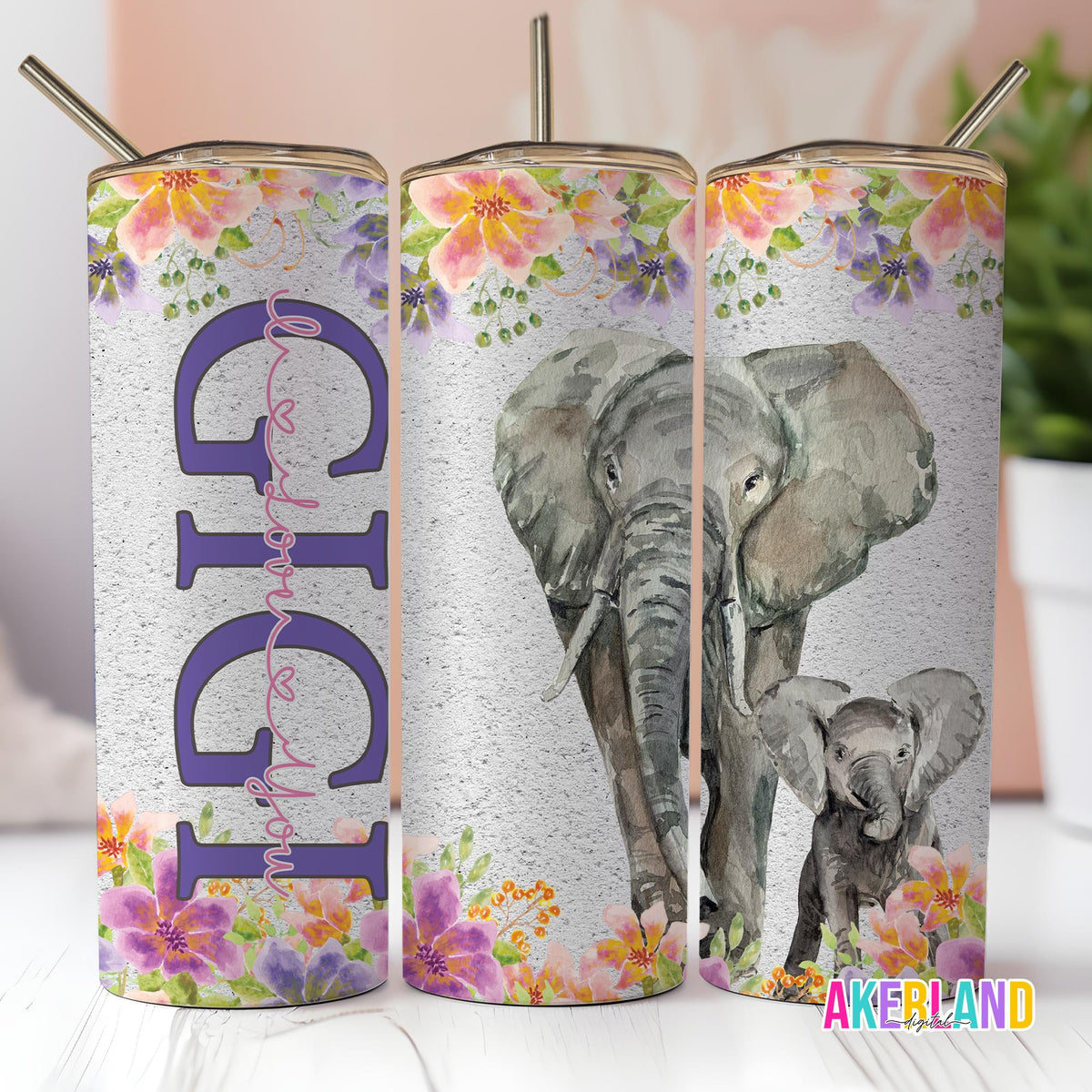 GIGI / Momma and Baby Elephant in wildflowers - 20oz Sublimation PNG Digital Download