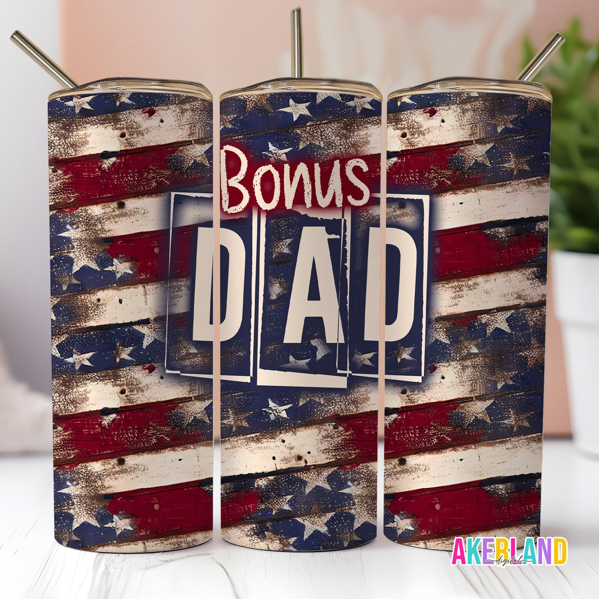 Bonus Dad Distressed Wood Red White and Blue - Patriotic - 20oz Sublimation Tumbler Design - PNG Digital Download