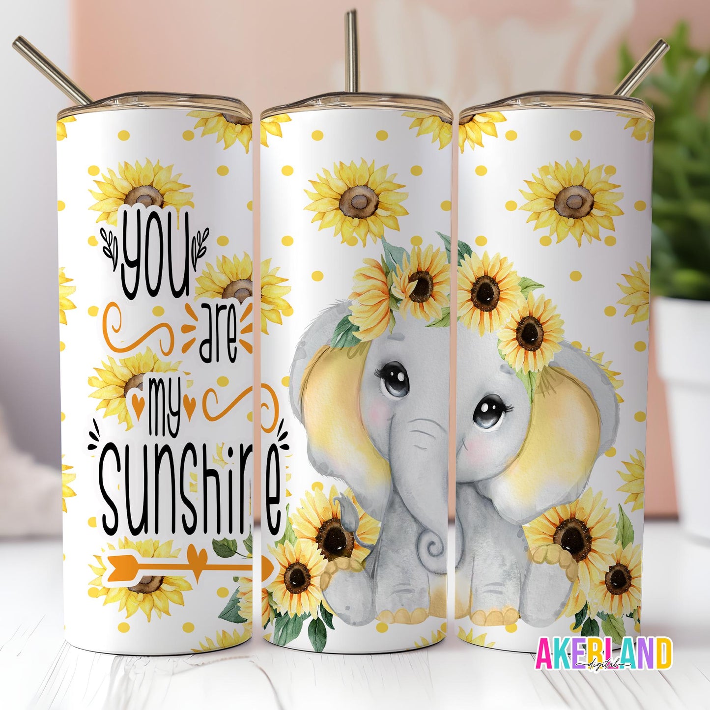 Baby Elephant Sunflowers You are my sunshine - 20 oz Sublimation Tumbler Design PNG Digital Download SEAMLESS