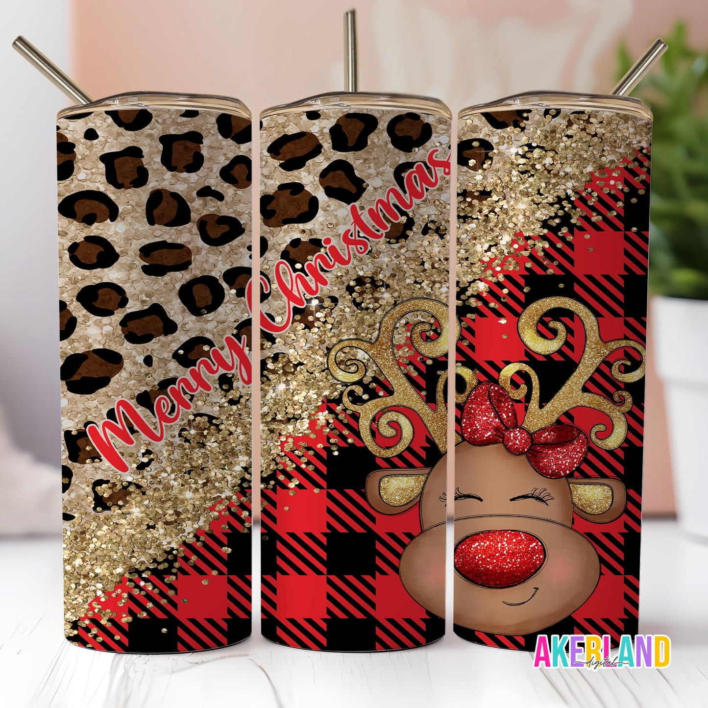 Merry Christmas Reindeer Leopard Buffalo Plaid Design - 20oz Sublimation Tumbler Design PNG Digital Download
