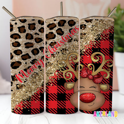 Merry Christmas Reindeer Leopard Buffalo Plaid Design - 20oz Sublimation Tumbler Design PNG Digital Download
