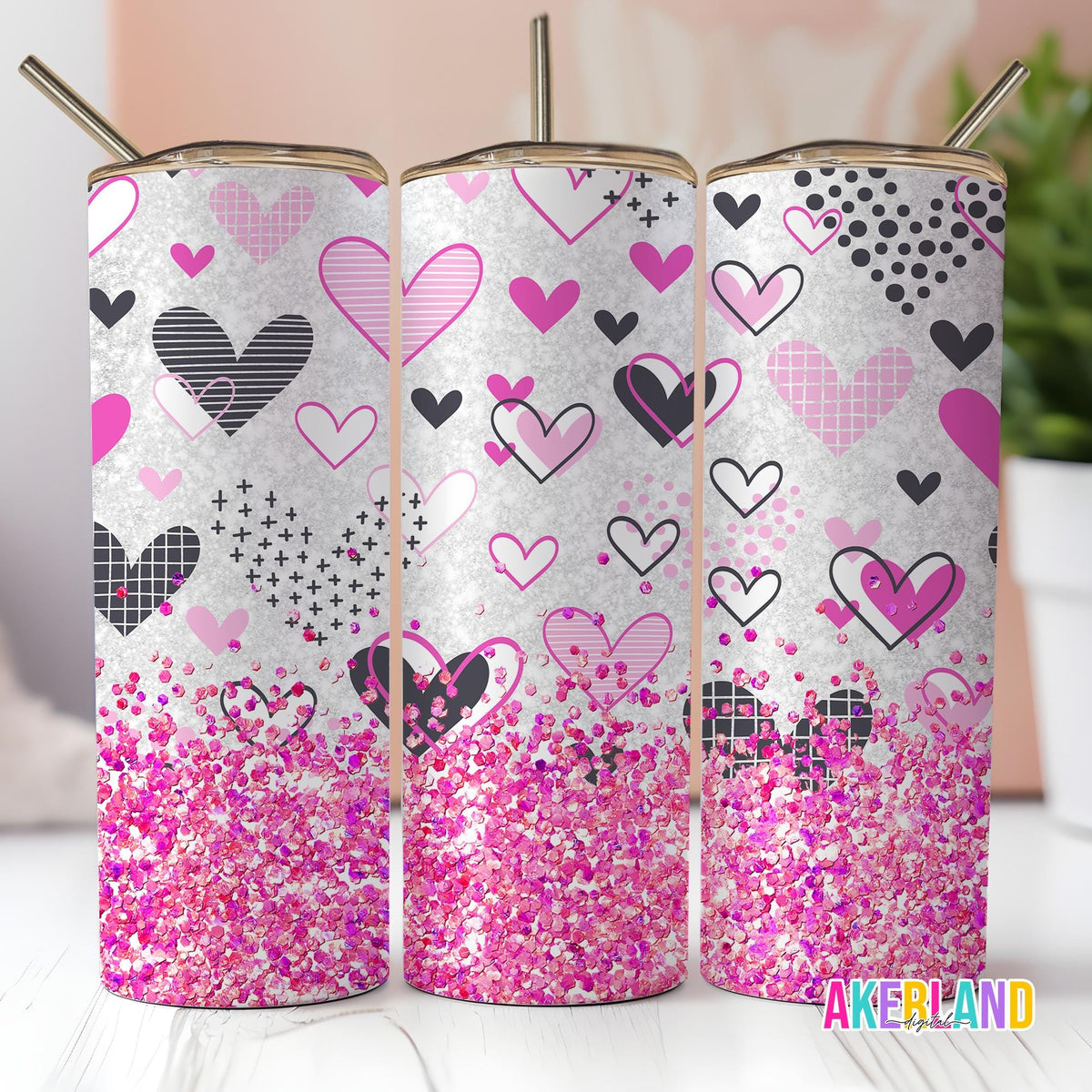 Valentines Pink Heart Sparkle 20oz Sublimation Tumbler Design - PNG Digital Download