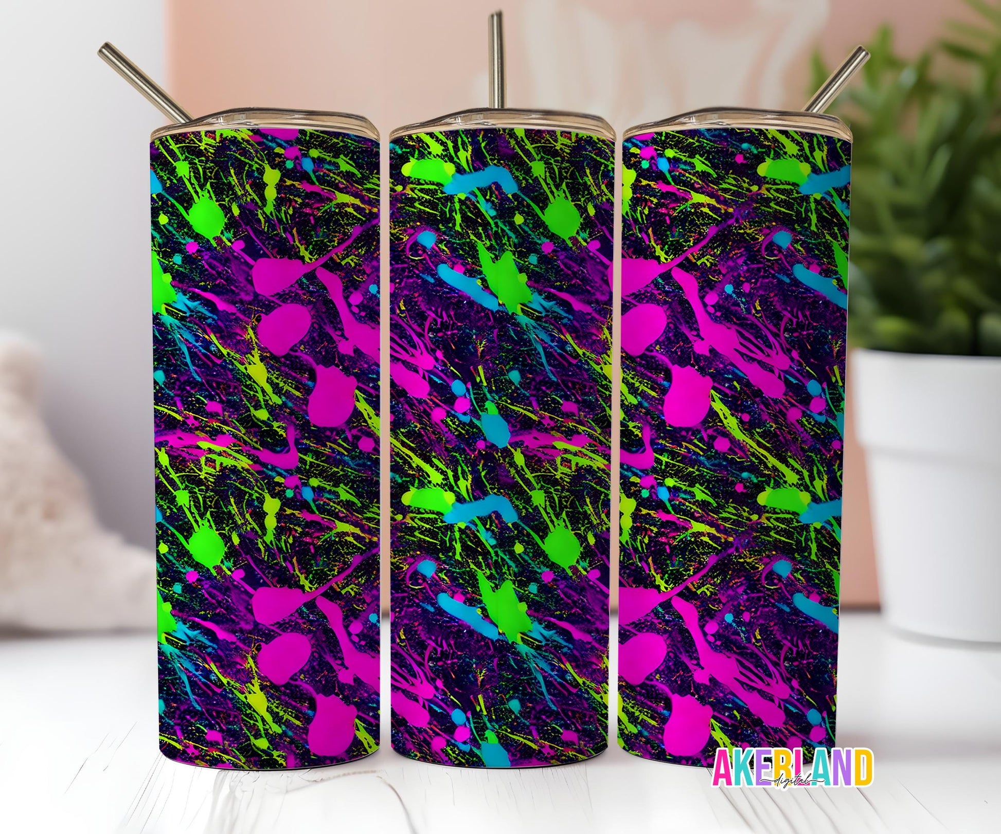 Neon Paint Splatters 20oz Sublimation Tumbler Design - Instant PNG Digital Download