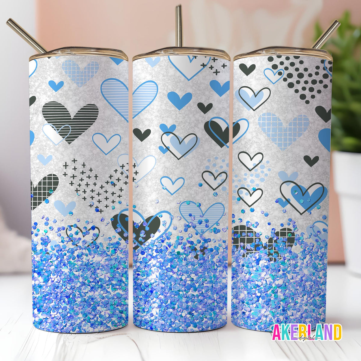 Valentines Blue Heart Sparkle 20oz Sublimation Tumbler Design - PNG Digital Download