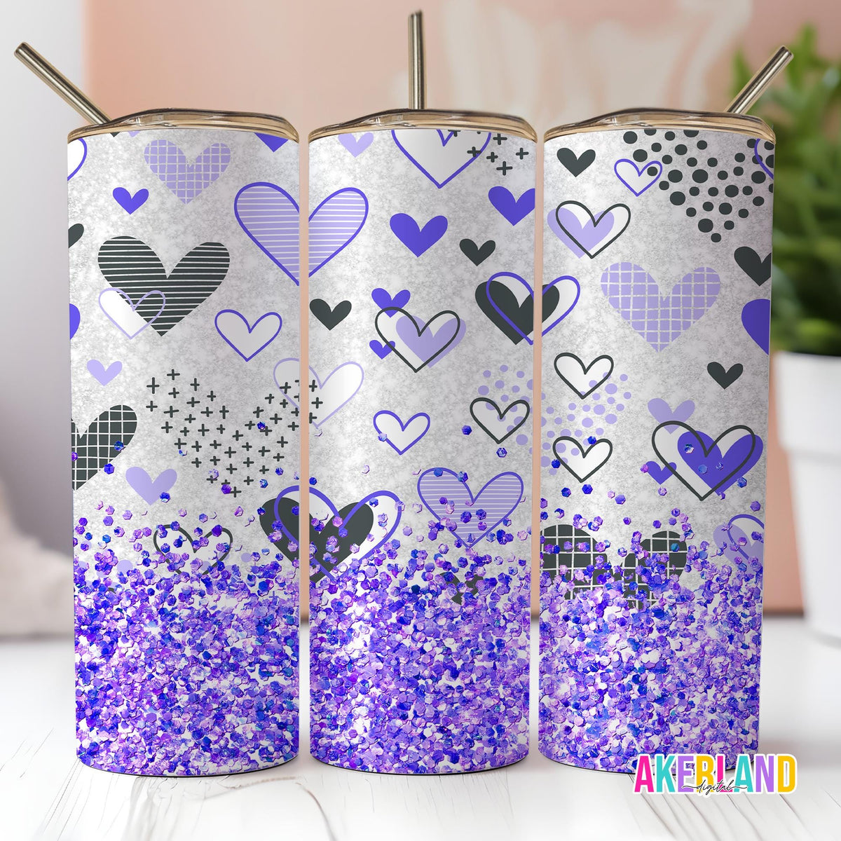 Valentines Purple Heart Sparkle 20oz Sublimation Tumbler Design - PNG Digital Download