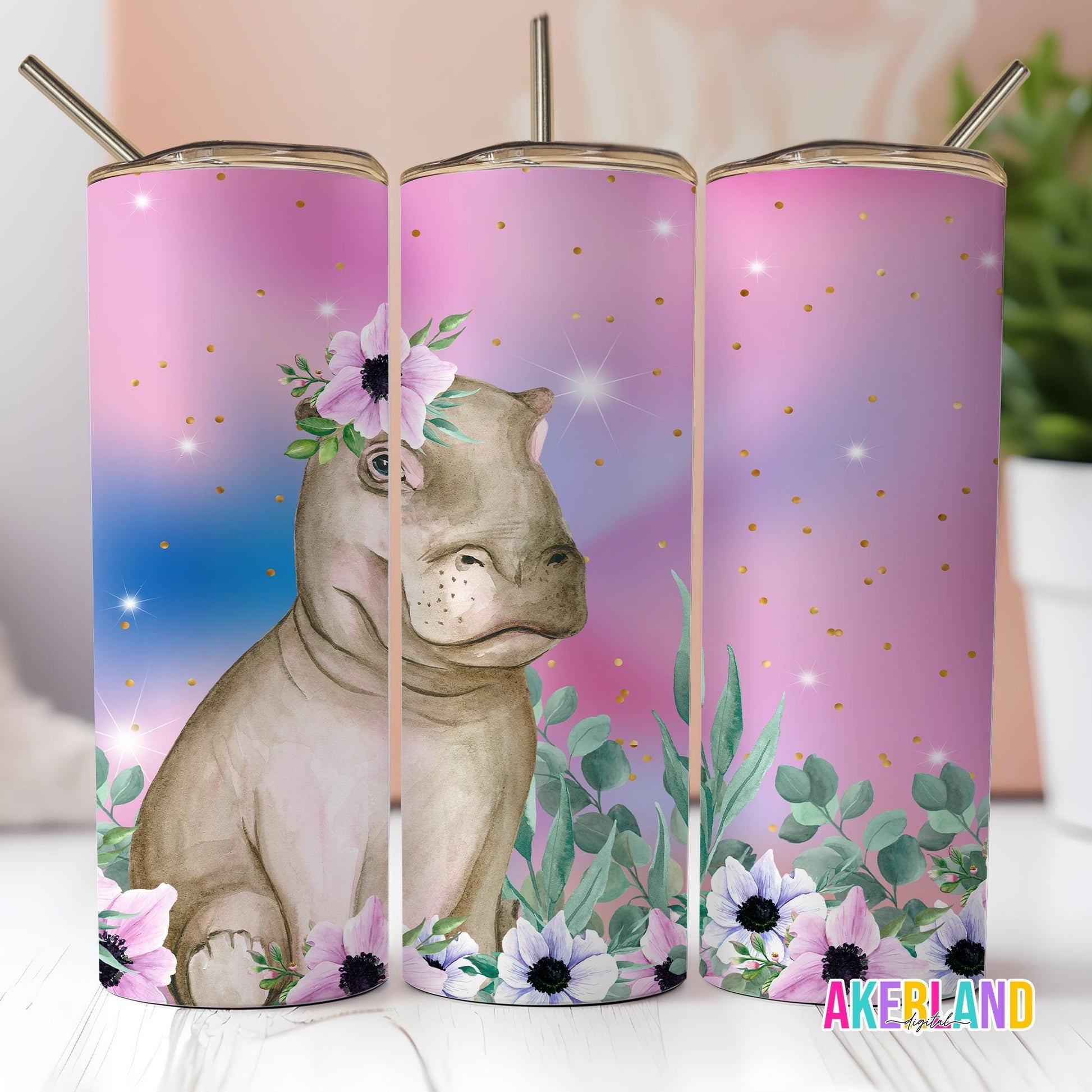 Baby Hippo in Flowers - 20 oz Sublimation Tumbler Design PNG Digital Download