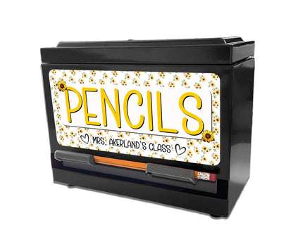 Custom Pencil Dispenser Vinyl Decal Personalized with a name, Waterproof Decal, Sunflower Theme, Teacher Appreciation Approx. 3.5x7.5 inches