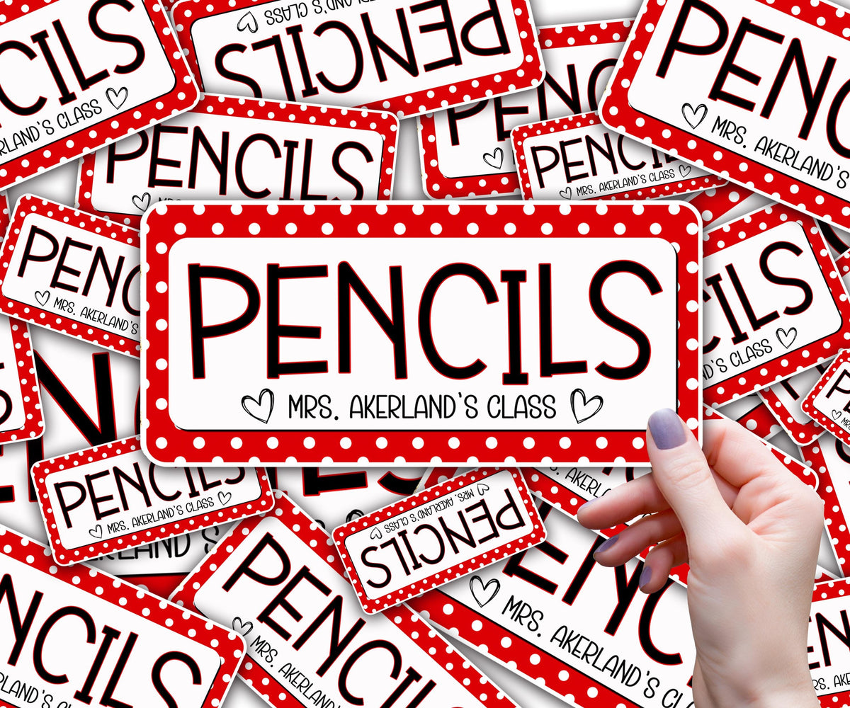 Custom Pencil Dispenser Vinyl Decal Personalized with a name, Waterproof Decal, Polka Dot Theme, Teacher Appreciation Approx. 3.5x7.5 inches