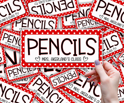 Custom Pencil Dispenser Vinyl Decal Personalized with a name, Waterproof Decal, Polka Dot Theme, Teacher Appreciation Approx. 3.5x7.5 inches